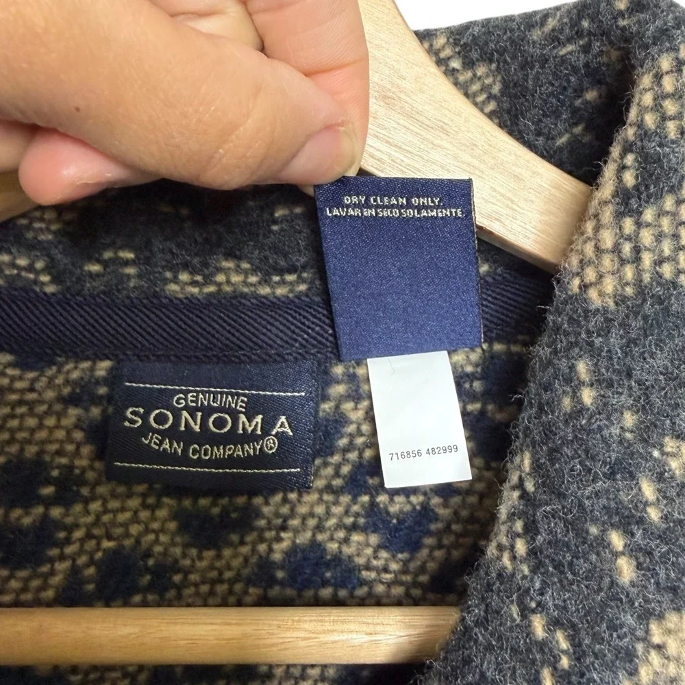 Sonoma Western‎ Rugged Wool Blend Moose Print Cardigan Sweater Navy L Cabincore